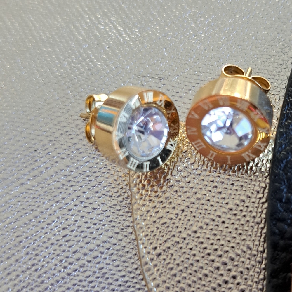 Gold Color Roman Numeral CZ Earrings, New, No Tag
